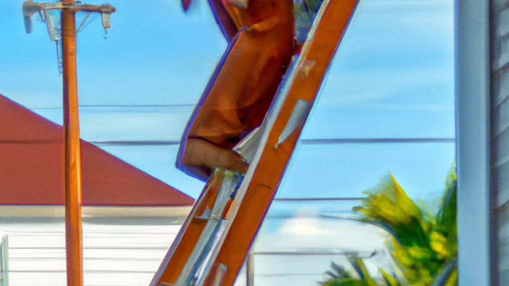 Man climbing ladder on Ormond Beach, Florida home to replace roof