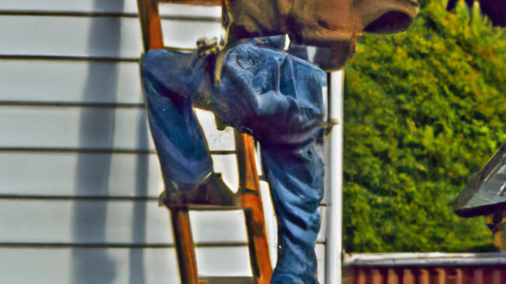Man climbing ladder on Orting, Washington home to replace roof
