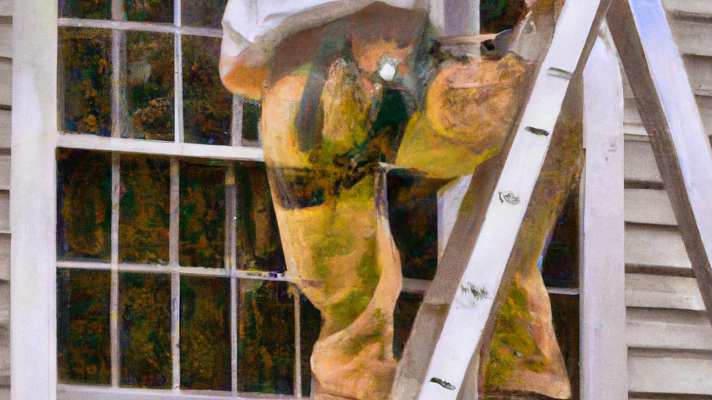 Man climbing ladder on Oyster Bay, New York home to replace roof