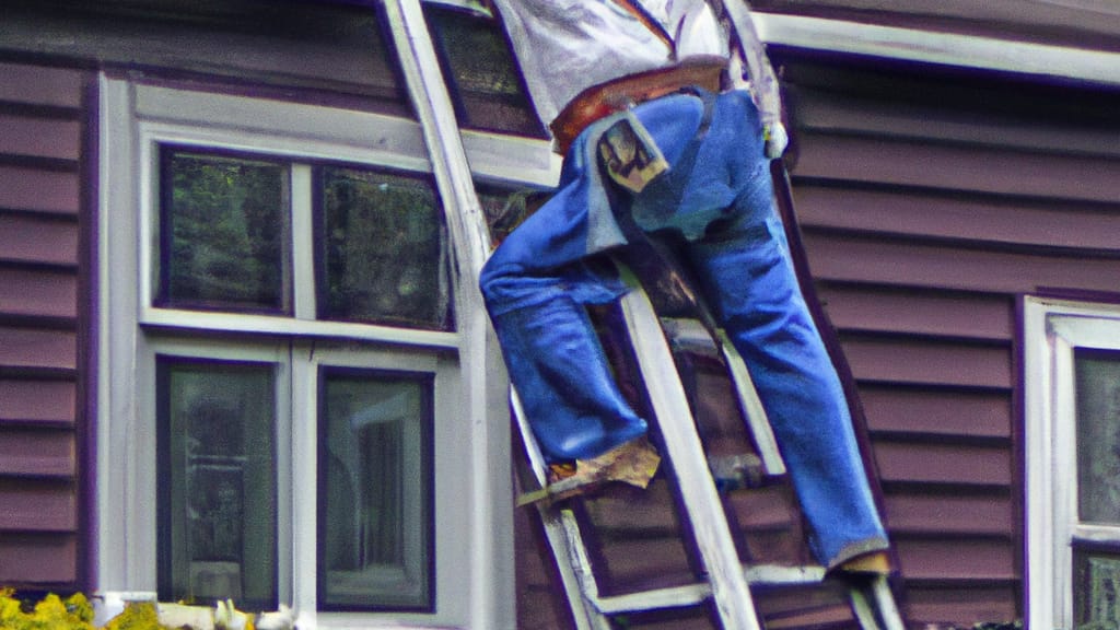 Man climbing ladder on Painesville, Ohio home to replace roof