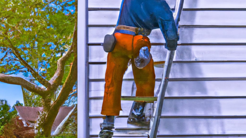 Man climbing ladder on Palisades Park, New Jersey home to replace roof