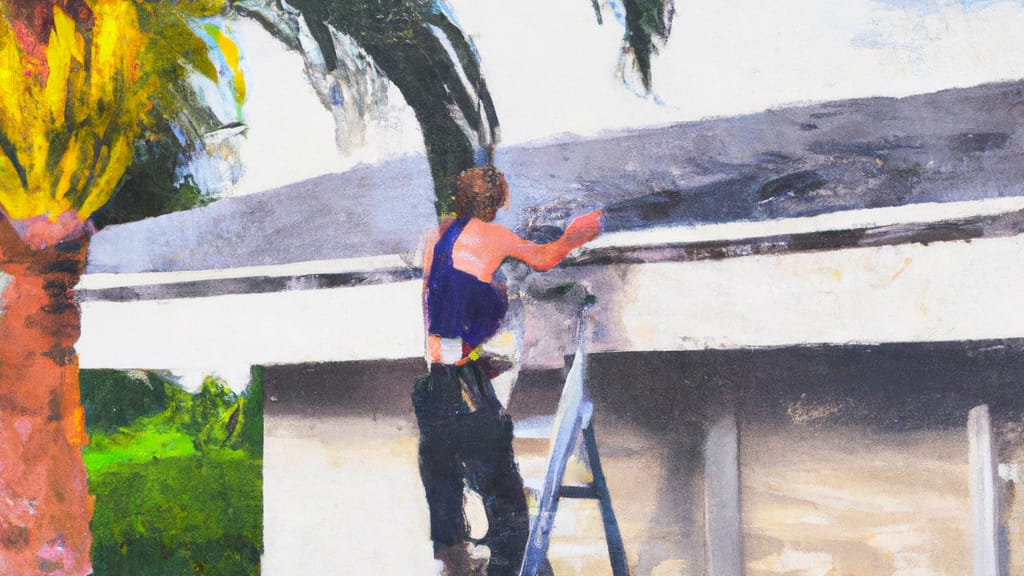 Man climbing ladder on Palm Beach, Florida home to replace roof