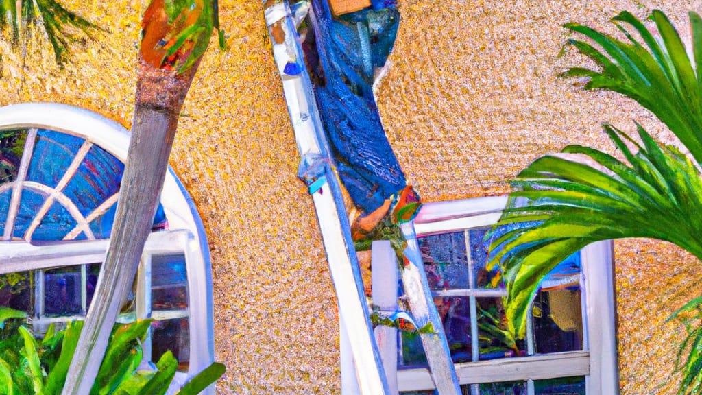 Man climbing ladder on Palm Beach Gardens, Florida home to replace roof