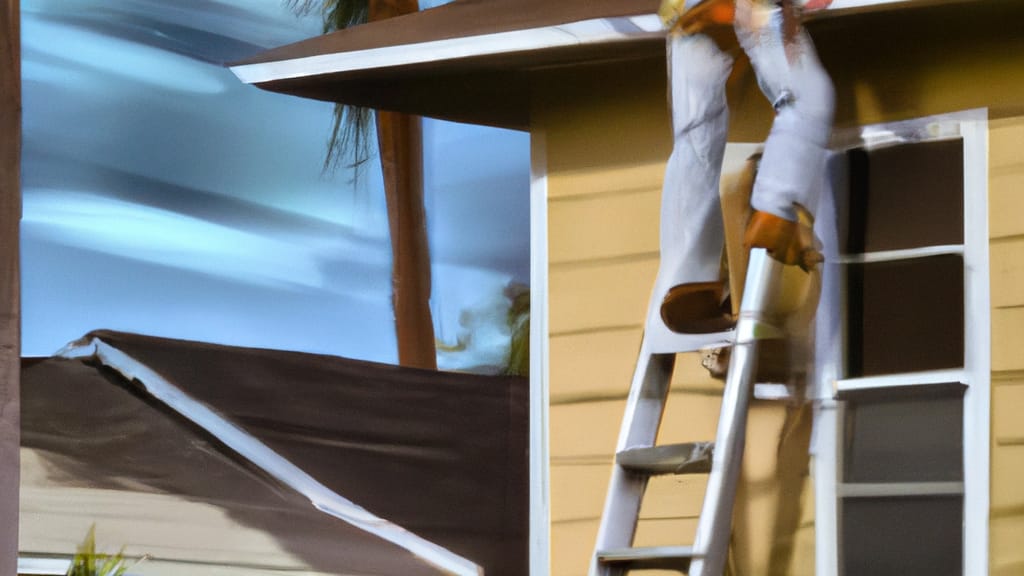 Man climbing ladder on Palm City, Florida home to replace roof