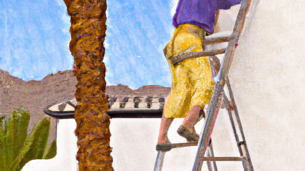 Man climbing ladder on Palm Desert, California home to replace roof