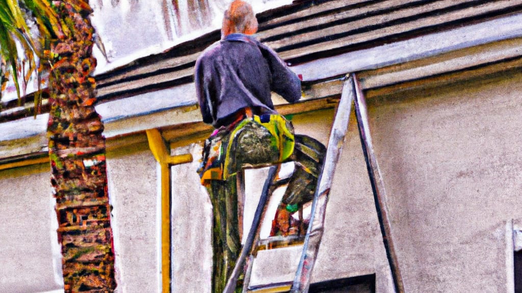 Man climbing ladder on Palm Harbor, Florida home to replace roof