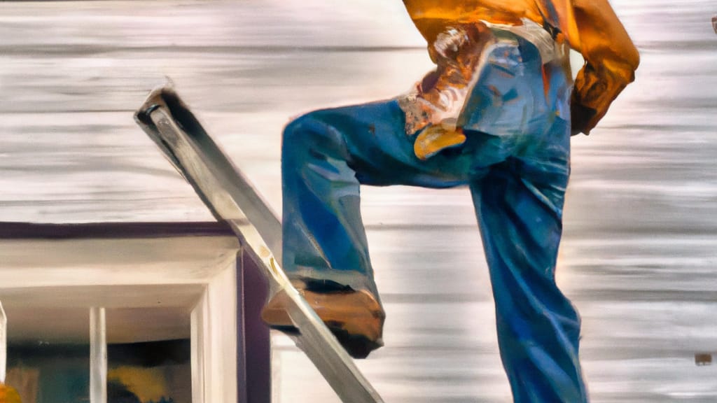 Man climbing ladder on Palmerton, Pennsylvania home to replace roof