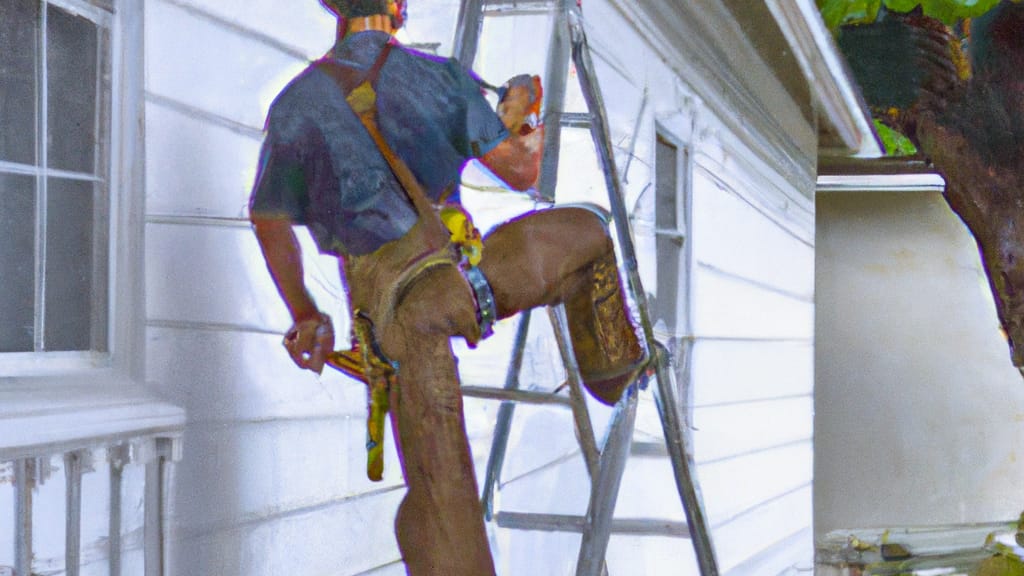 Man climbing ladder on Palo Alto, California home to replace roof