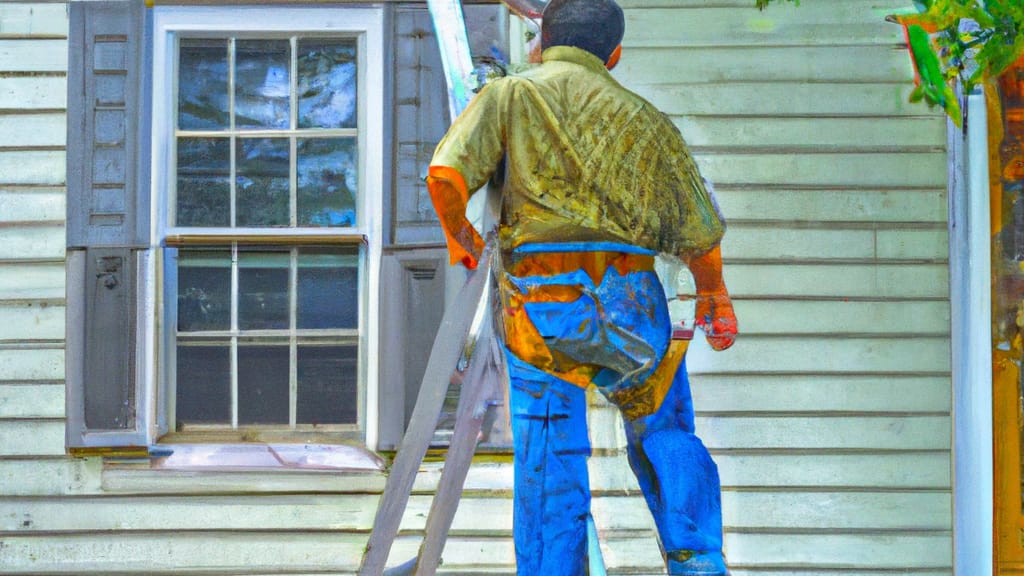 Man climbing ladder on Passaic, New Jersey home to replace roof