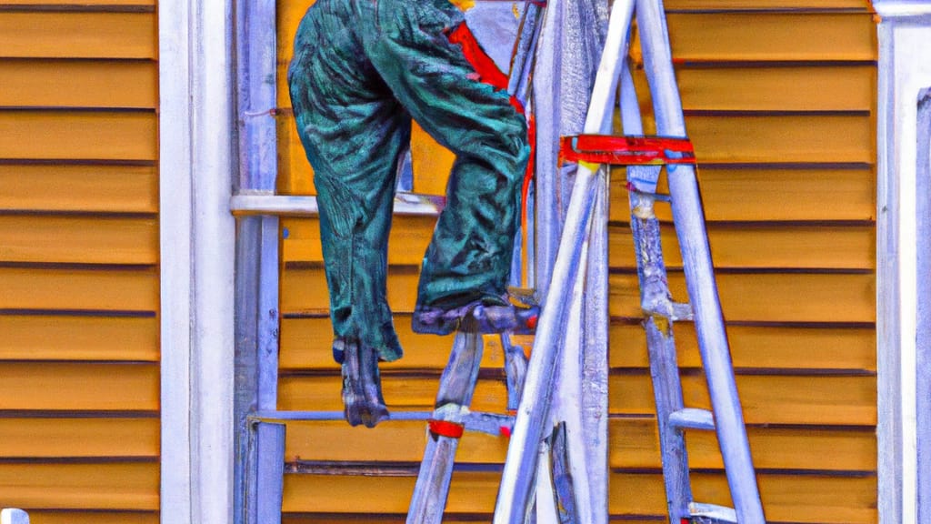 Man climbing ladder on Patterson, New York home to replace roof