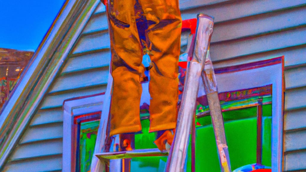 Man climbing ladder on Pawcatuck, Connecticut home to replace roof