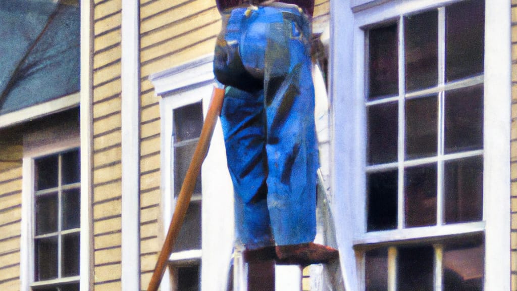 Man climbing ladder on Pelham, New York home to replace roof
