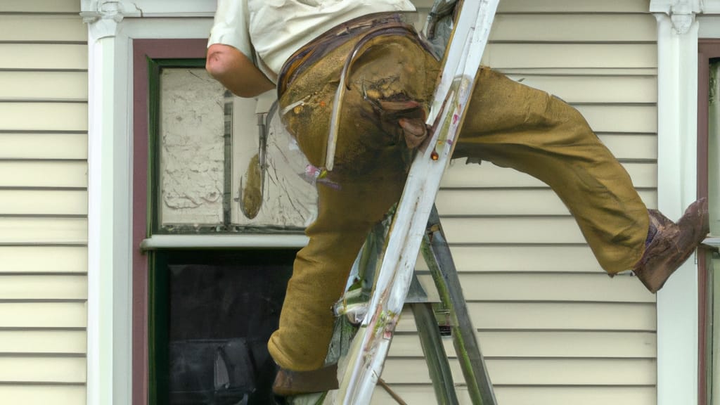 Man climbing ladder on Peoria, Illinois home to replace roof