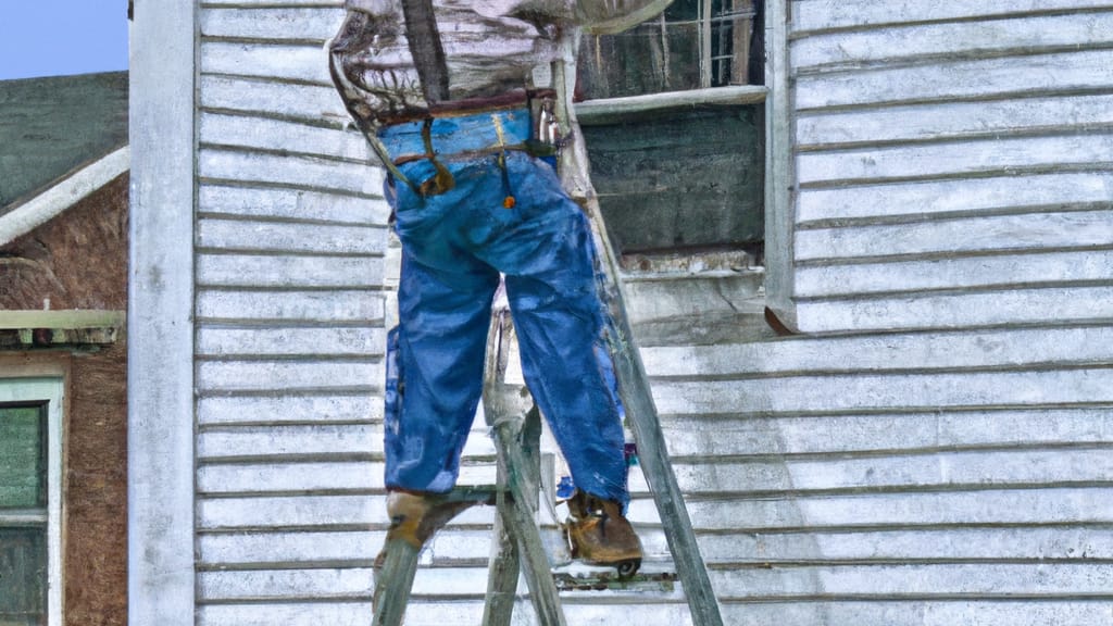 Man climbing ladder on Peotone, Illinois home to replace roof