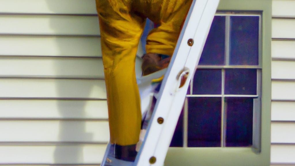 Man climbing ladder on Perry, Iowa home to replace roof