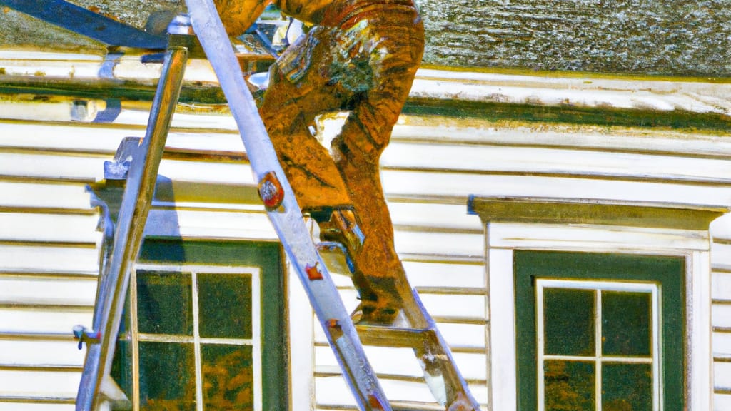 Man climbing ladder on Plainfield, New Jersey home to replace roof