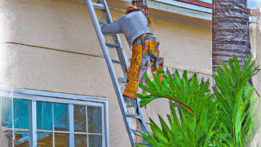 Man climbing ladder on Pompano Beach, Florida home to replace roof