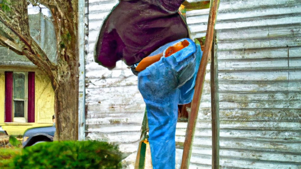 Man climbing ladder on Pontotoc, Mississippi home to replace roof