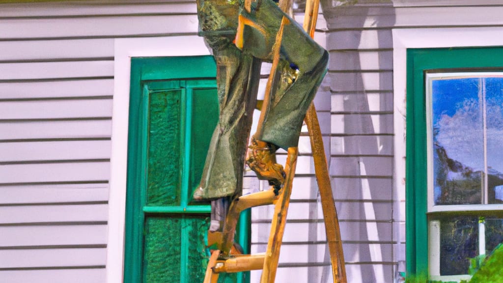 Man climbing ladder on Port Chester, New York home to replace roof