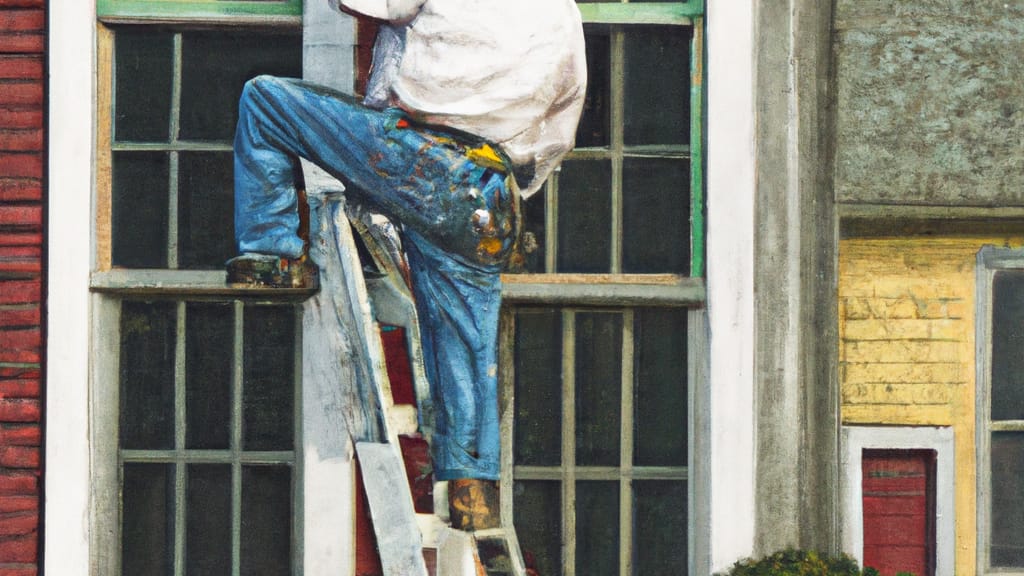 Man climbing ladder on Port Clinton, Ohio home to replace roof