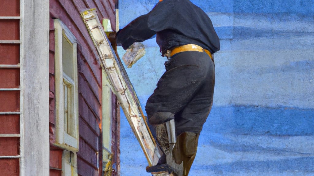 Man climbing ladder on Port Washington, New York home to replace roof
