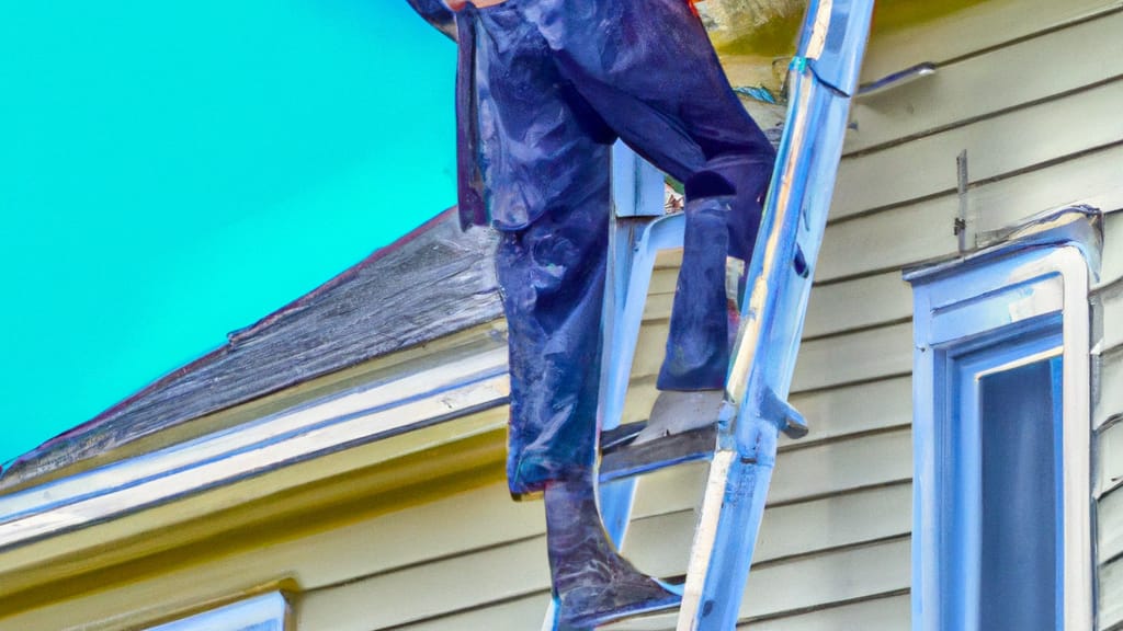 Man climbing ladder on Port Washington, Wisconsin home to replace roof