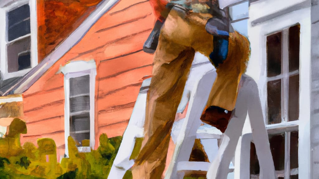 Man climbing ladder on Portsmouth, New Hampshire home to replace roof
