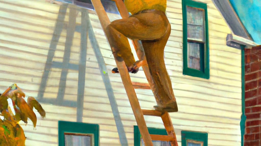 Man climbing ladder on Punxsutawney, Pennsylvania home to replace roof