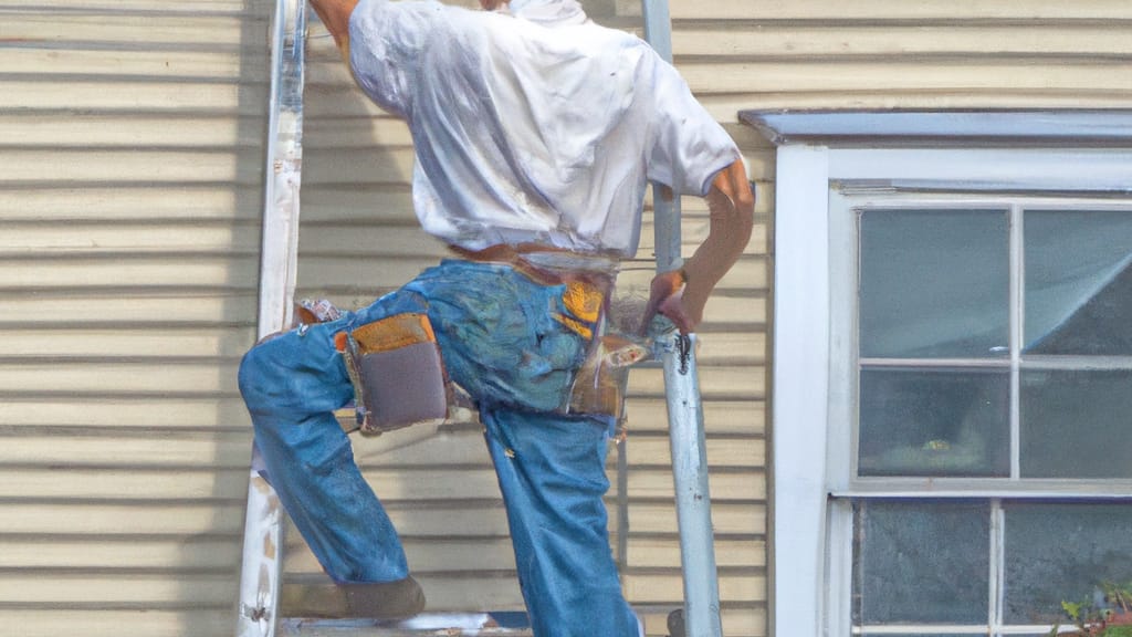 Man climbing ladder on Quincy, Massachusetts home to replace roof