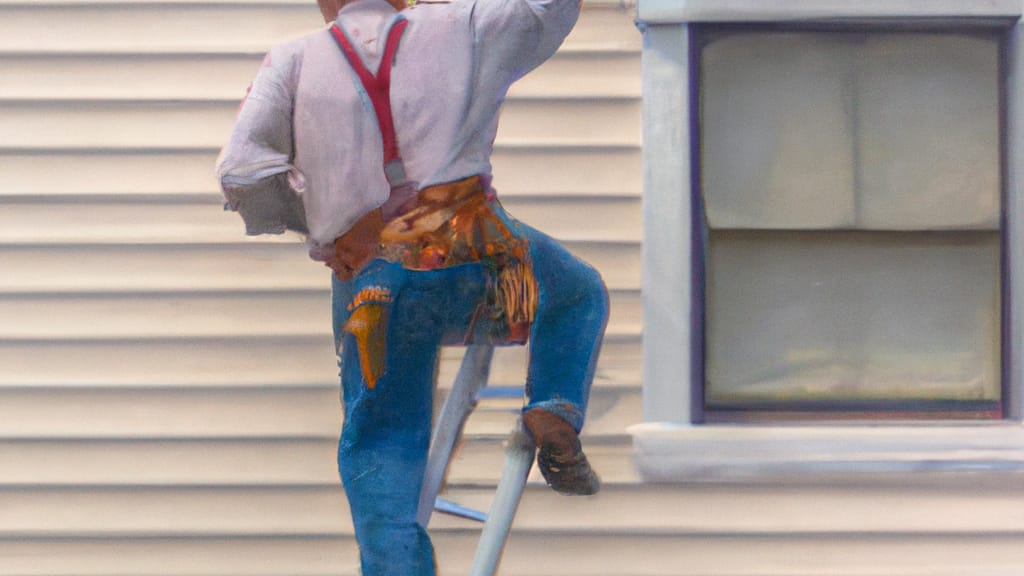 Man climbing ladder on Racine, Wisconsin home to replace roof
