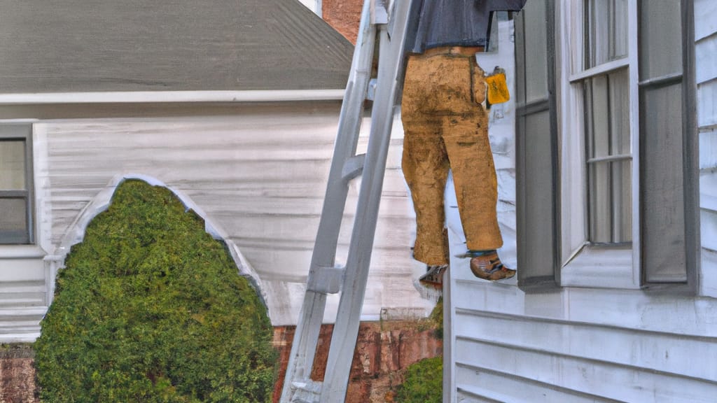 Man climbing ladder on Randolph, New Jersey home to replace roof