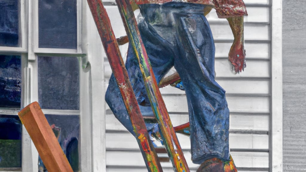 Man climbing ladder on Randolph, Vermont home to replace roof