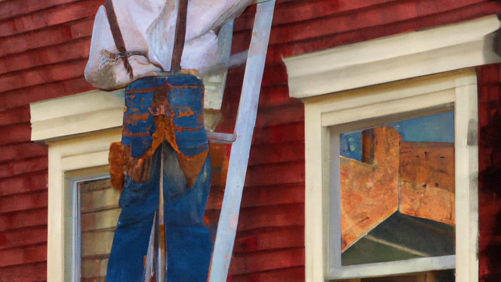 Man climbing ladder on Red Wing, Minnesota home to replace roof