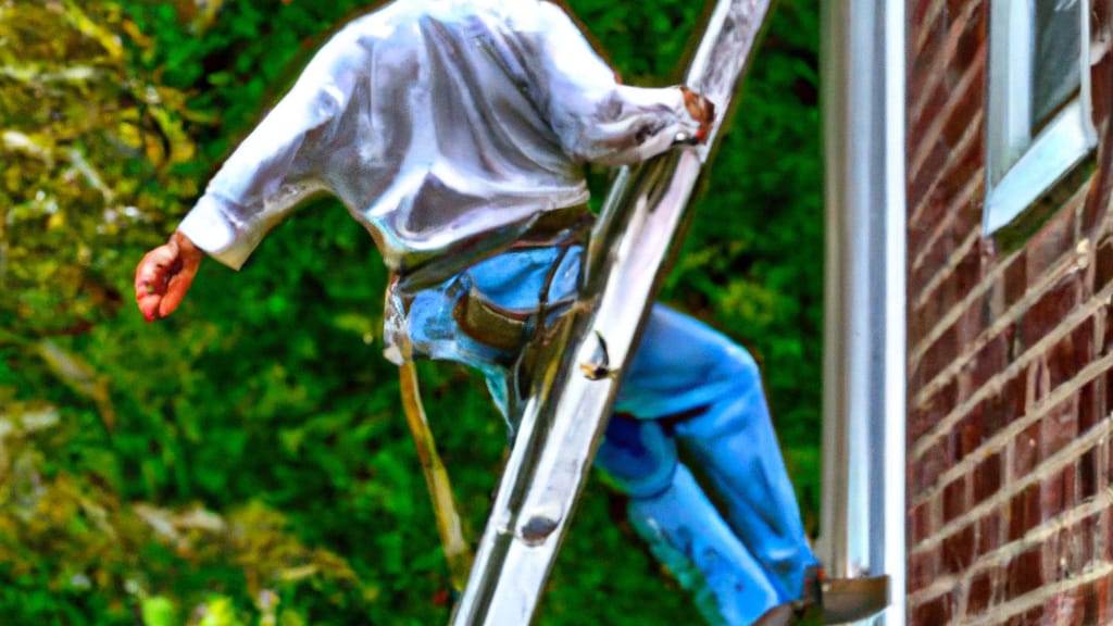 Man climbing ladder on Richmond, Illinois home to replace roof