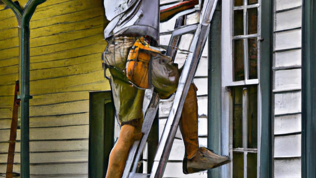 Man climbing ladder on Ridgefield, Connecticut home to replace roof
