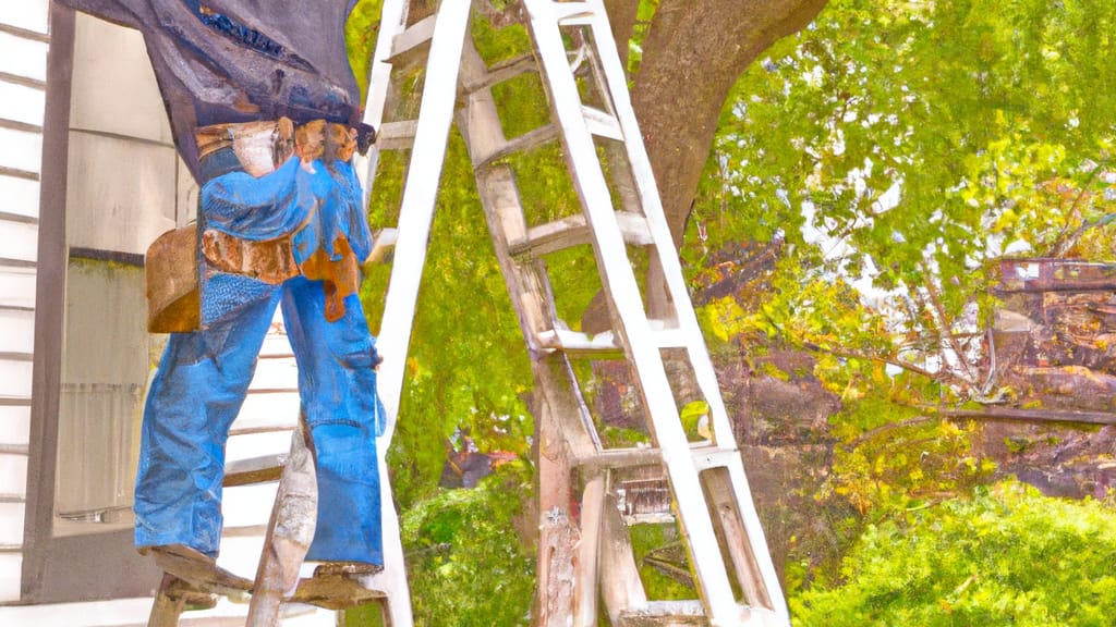 Man climbing ladder on River Forest, Illinois home to replace roof