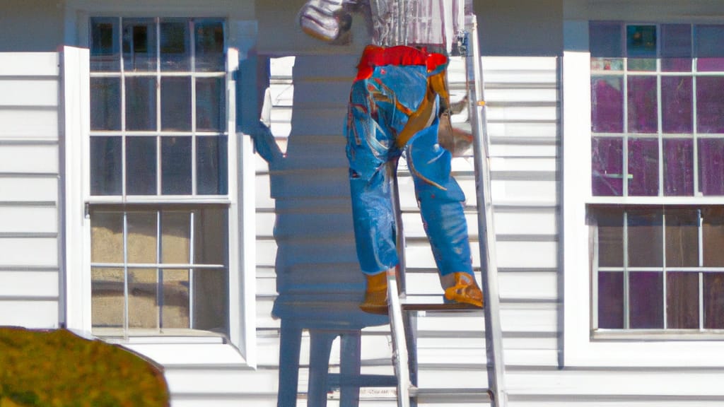 Man climbing ladder on Roanoke, Alabama home to replace roof