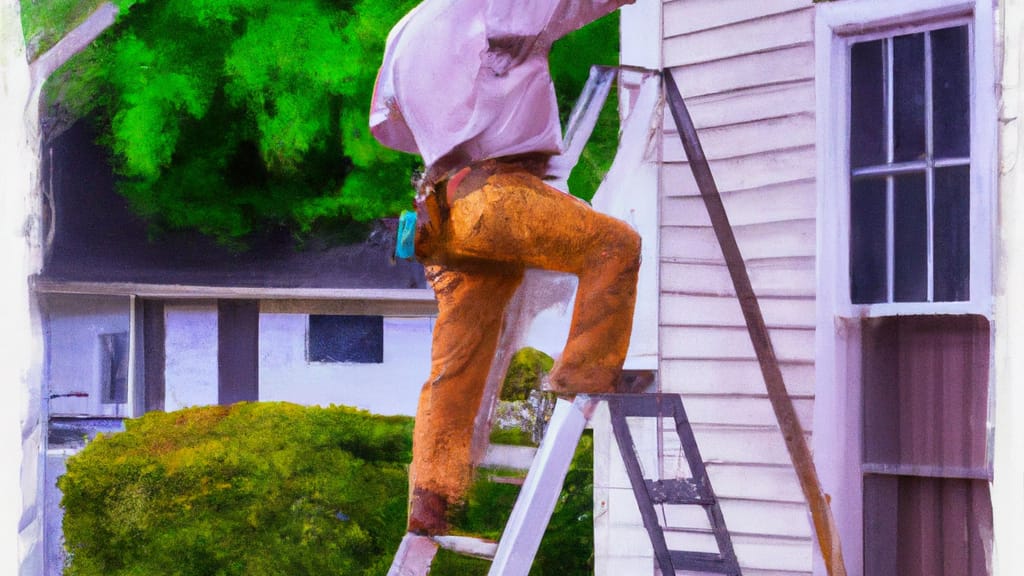 Man climbing ladder on Roanoke Rapids, North Carolina home to replace roof
