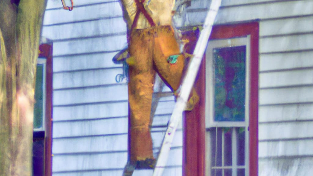 Man climbing ladder on Rochelle, Illinois home to replace roof