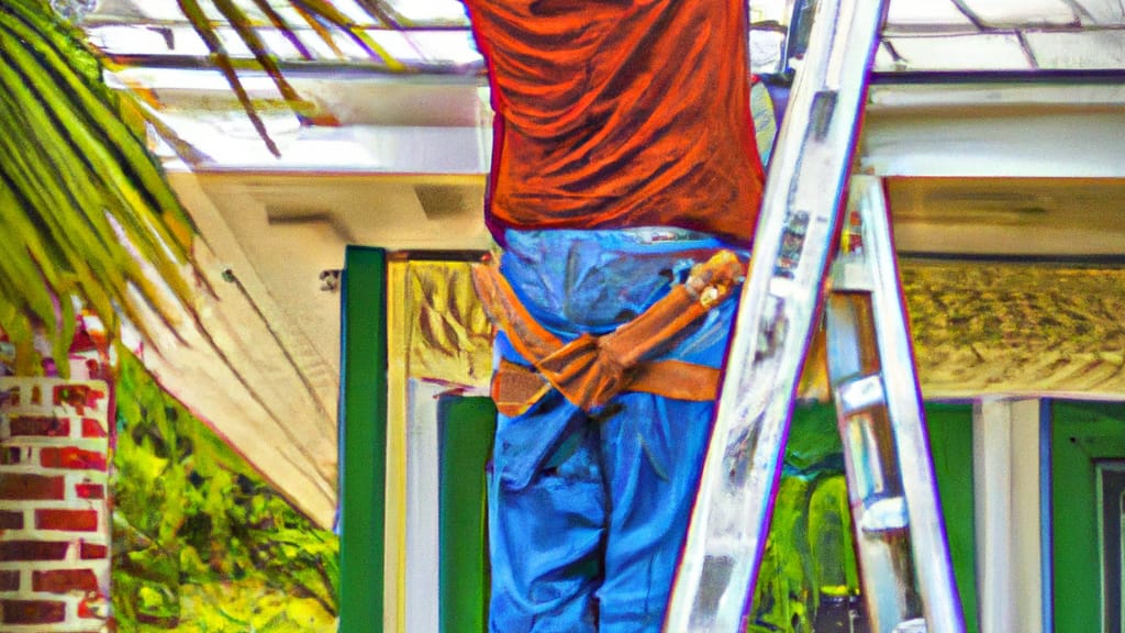 Man climbing ladder on Rockledge, Florida home to replace roof