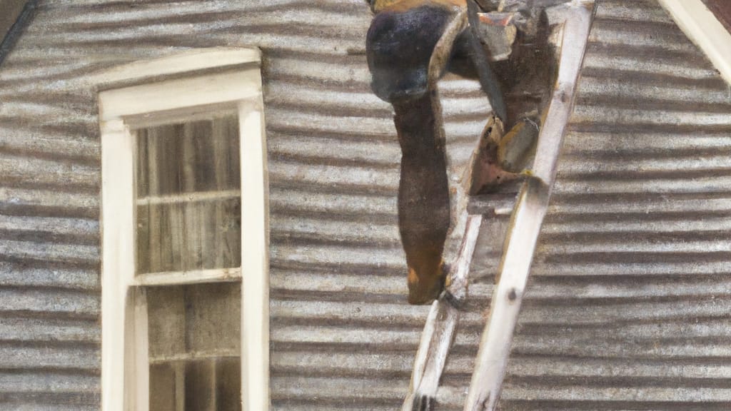 Man climbing ladder on Rockport, Massachusetts home to replace roof