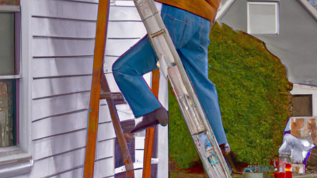 Man climbing ladder on Rocky Point, New York home to replace roof