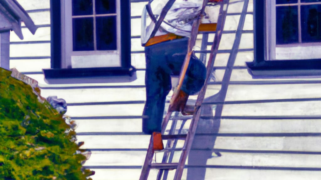 Man climbing ladder on Rye, New York home to replace roof