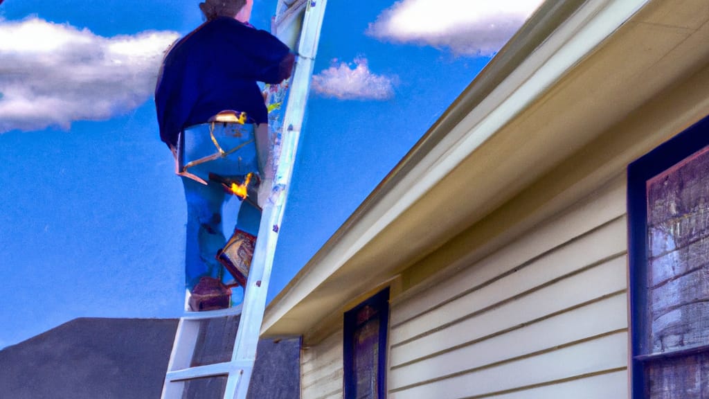 Man climbing ladder on Sachse, Texas home to replace roof
