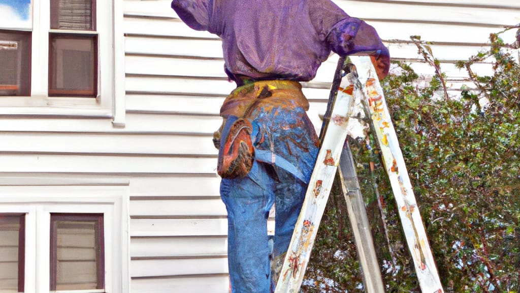 Man climbing ladder on Saddle Brook, New Jersey home to replace roof