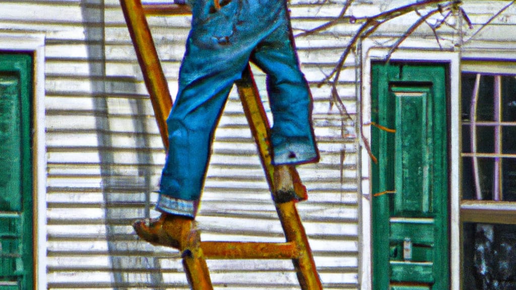 Man climbing ladder on Saint Ann, Missouri home to replace roof