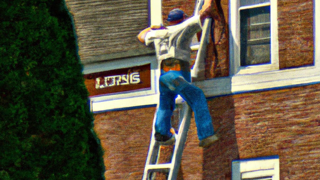 Man climbing ladder on Saint Clairsville, Ohio home to replace roof