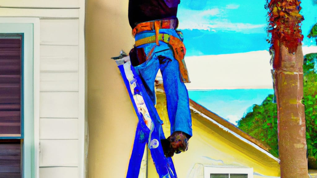 Man climbing ladder on Sarasota, Florida home to replace roof