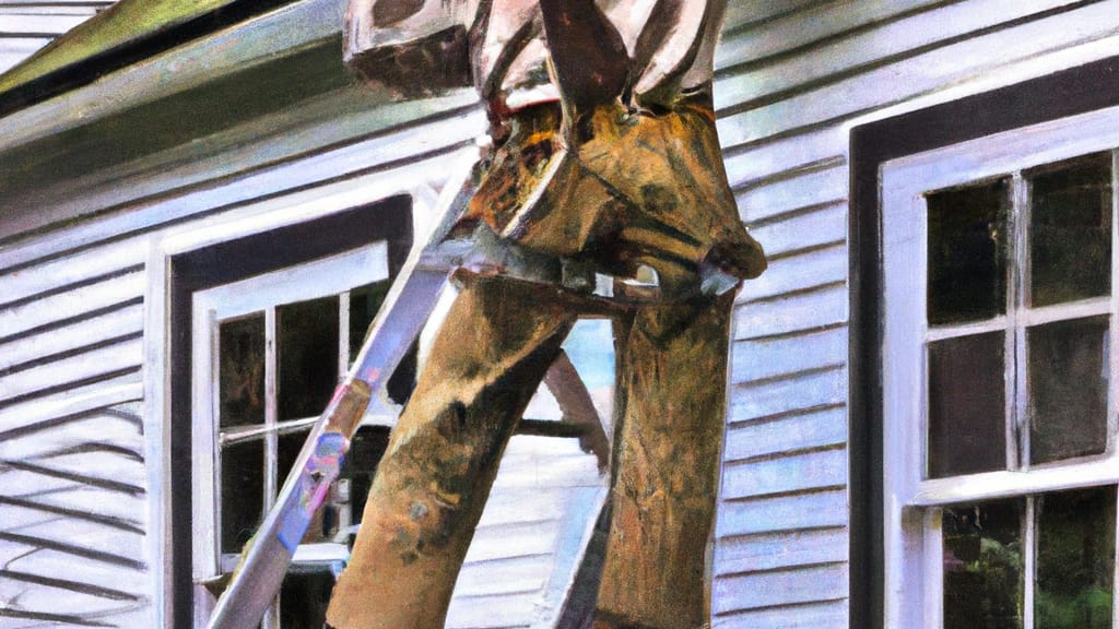 Man climbing ladder on Sayre, Pennsylvania home to replace roof