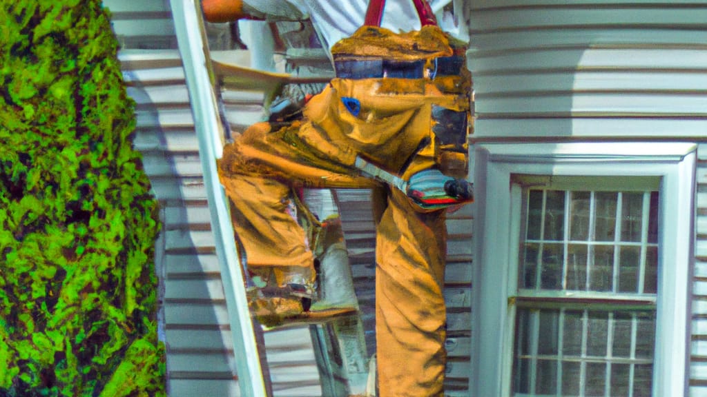 Man climbing ladder on Scotch Plains, New Jersey home to replace roof